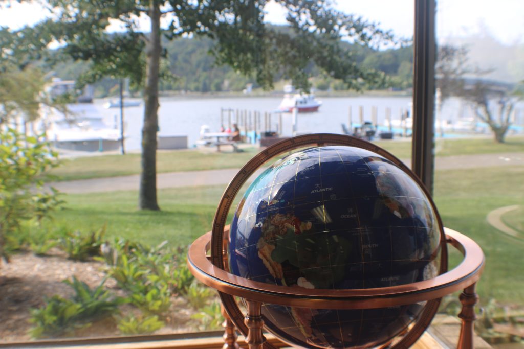 photo of globe by library window