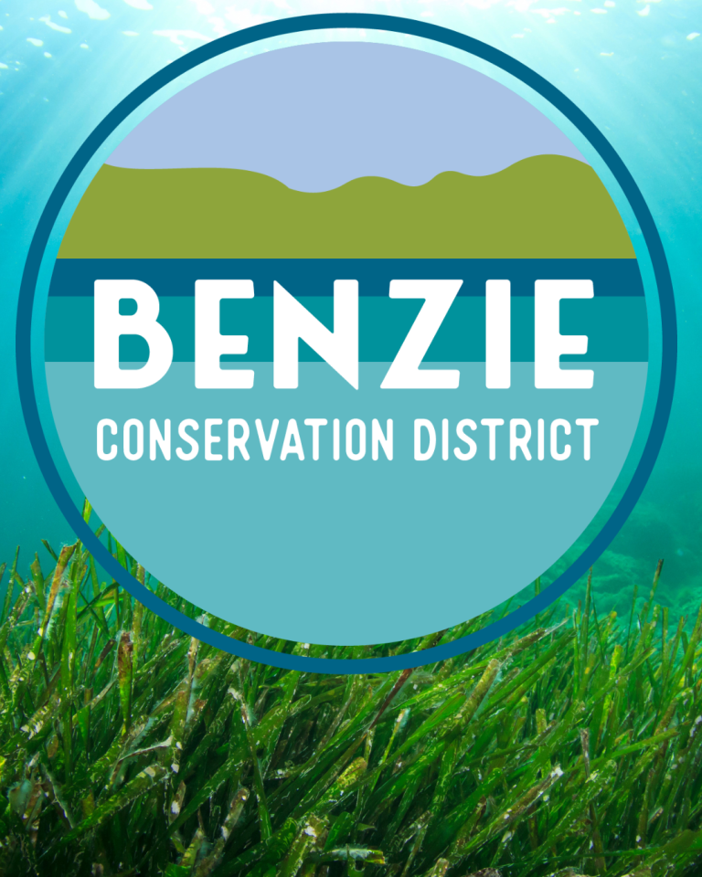 Benzie Conservation District Logo infront of an underwater seaweed patch.