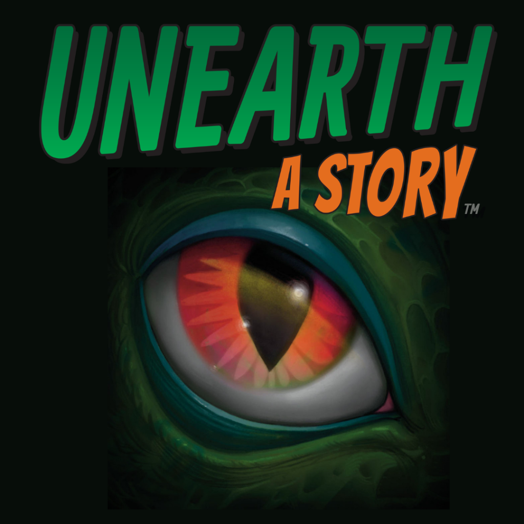 eye of a dinosaur. text reads: Unearth a Story