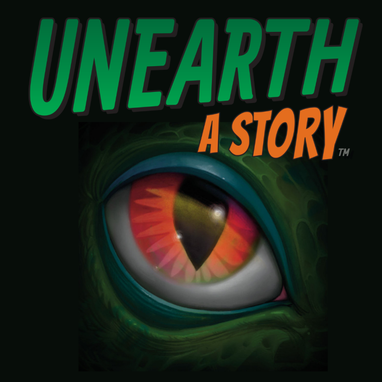 eye of a dinosaur. text reads: Unearth a Story