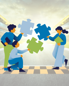 Three people with puzzle pieces infront of a finish line.