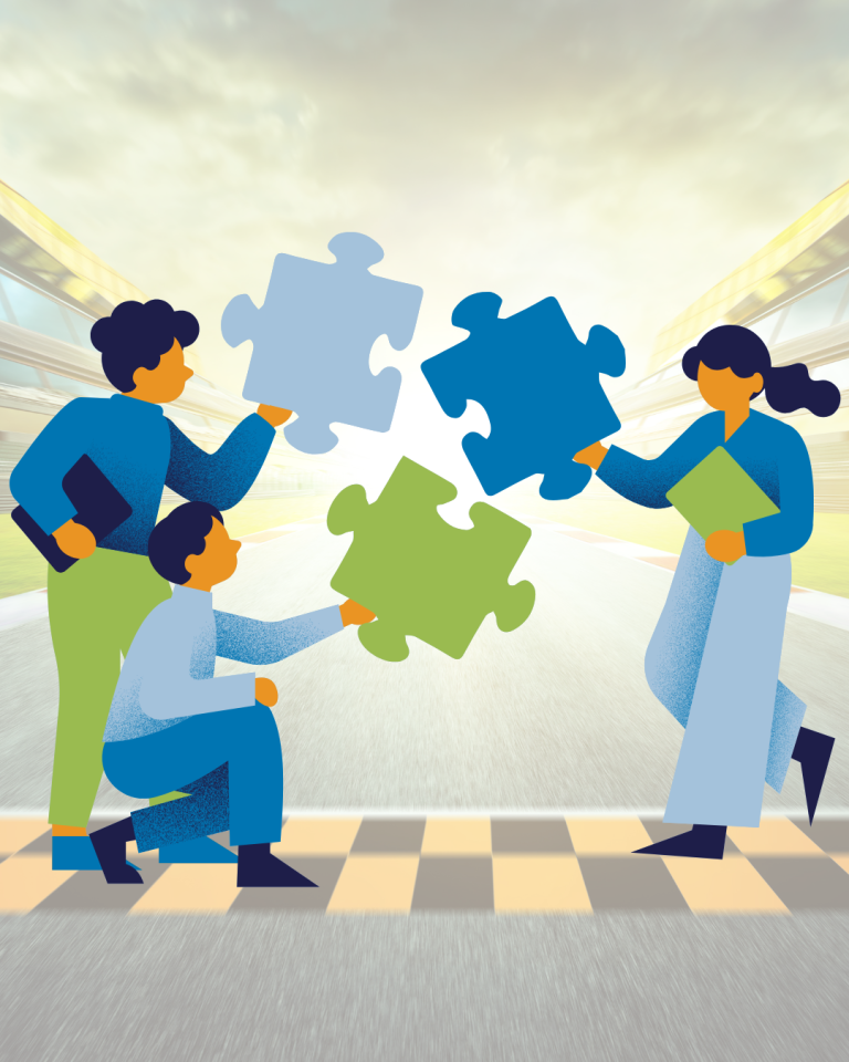 Three people with puzzle pieces infront of a finish line.