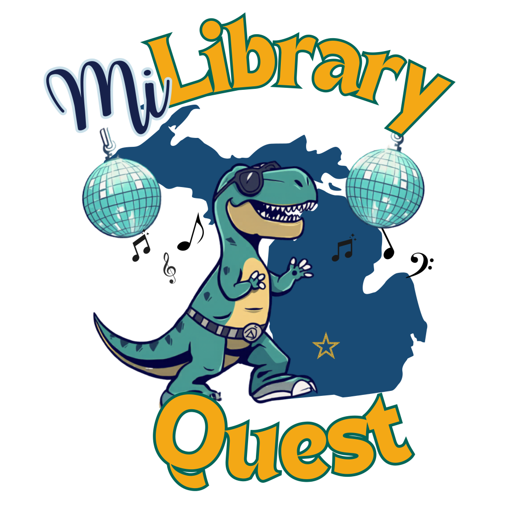 Logo stating "MiLibraryQuest" and images of a dancing dinosaur, disco balls, and the state of Michigan